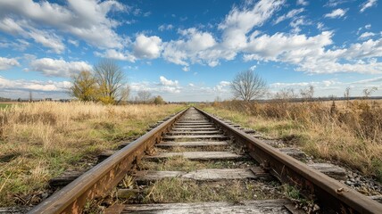 Obraz premium A serene view of train tracks stretching into the horizon under a blue sky with fluffy clouds, surrounded by beautiful landscapes.