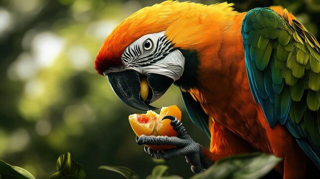 A parrot eating a fresh piece of fruit, with a focus on its beak and colorful feathers.