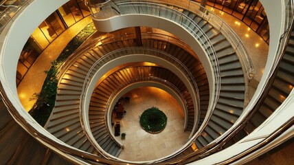 Obraz premium A stunning aerial view of a modern spiral staircase illuminated by warm lighting, showcasing elegance and architectural beauty.