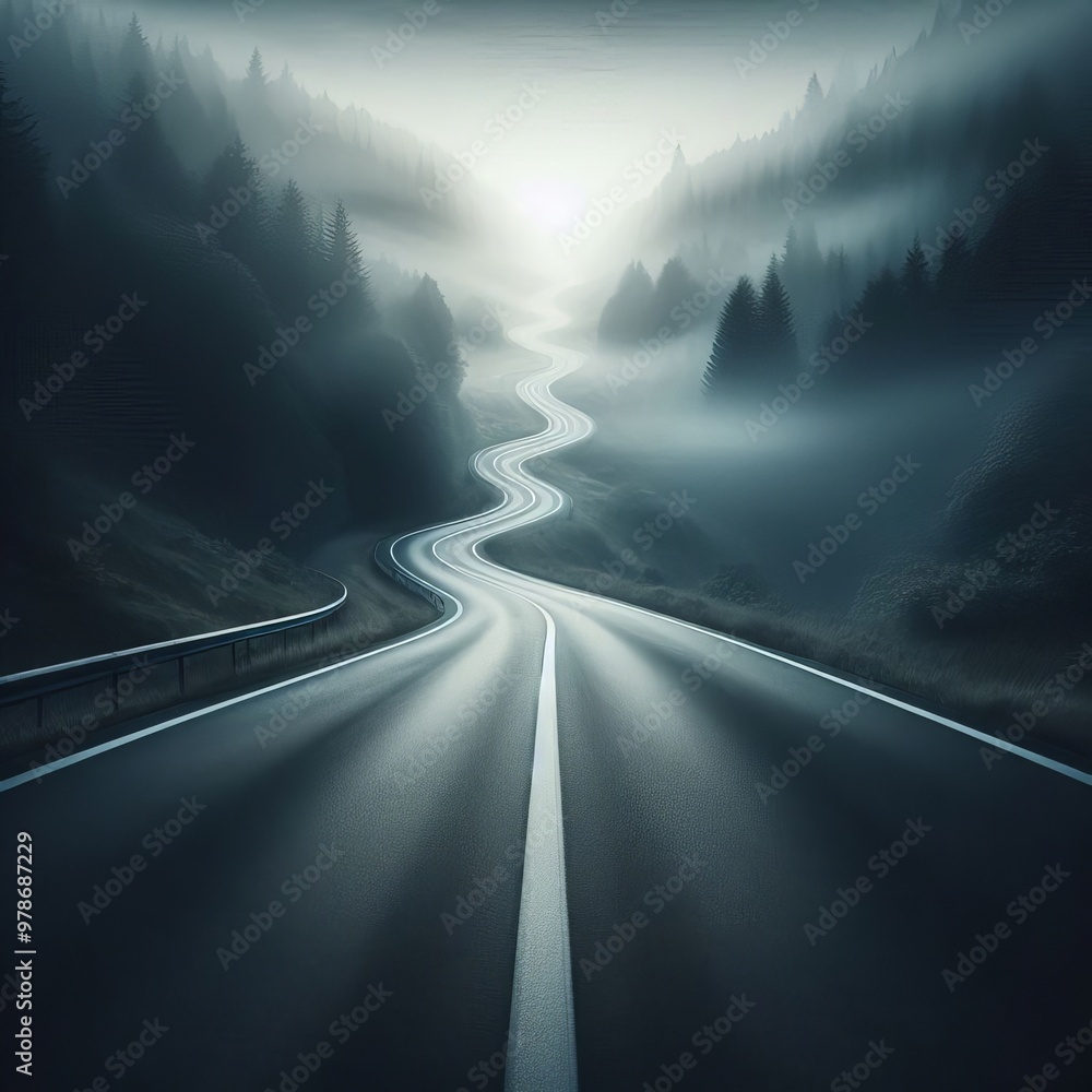 Poster a serpentine road curves through the dense fog of a mountain forest, creating a captivating and myst