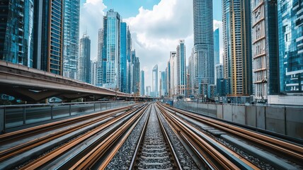 A stunning cityscape featuring towering skyscrapers and a railway track leading into the horizon under a vibrant sky.