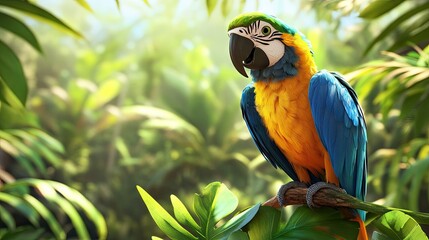 Obraz premium A parrot standing on a perch with a tropical background, showcasing its vibrant colors.