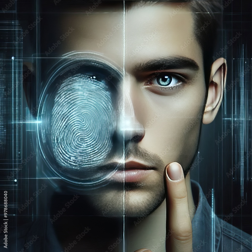 Poster a man touching a futuristic interface combining fingerprint and facial recognition technology. the d