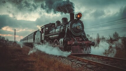 Obraz premium A stunning vintage steam train travels through a moody landscape, emitting clouds of smoke against a dramatic sky.