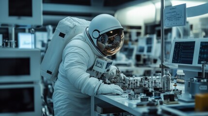 Microgravity experiments in a physics lab, studying material properties and behavior in zero gravity, detailed equipment and focused astronauts