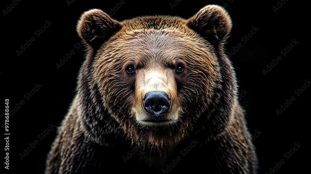 Canvas Prints A close-up portrait of a brown bear looking directly at the camera against a black background. 