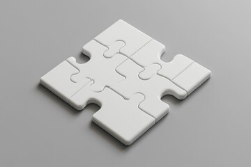 Fototapeta premium A minimalist white jigsaw puzzle with scattered pieces on a smooth grey background. The incomplete puzzle creates a clean, modern aesthetic.