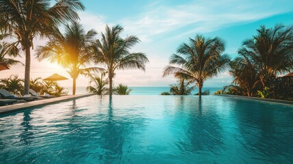 A tranquil scene featuring a luxurious pool surrounded by palm trees, showcasing a beautiful sunset over the ocean.