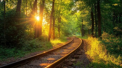 Fototapeta premium A tranquil scene of railway tracks winding through a lush forest, bathed in golden sunlight, creating a peaceful atmosphere.