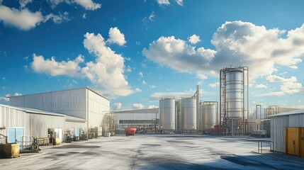 Obraz premium A realistic view of an industrial park featuring warehouses, silos, and factory facilities under a bright blue sky.
