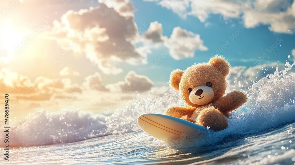 Sticker Teddy bear surfing the waves during a beautiful sunny day. Creative travel agency poster.