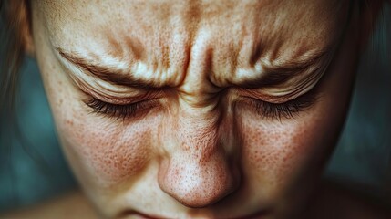 Close-up of a person expressing intense emotion, showcasing furrowed brows and detailed facial features against a blurred background.