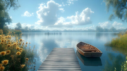 Fototapeta premium Wooden Boat on a Calm Lake with a Wooden Dock