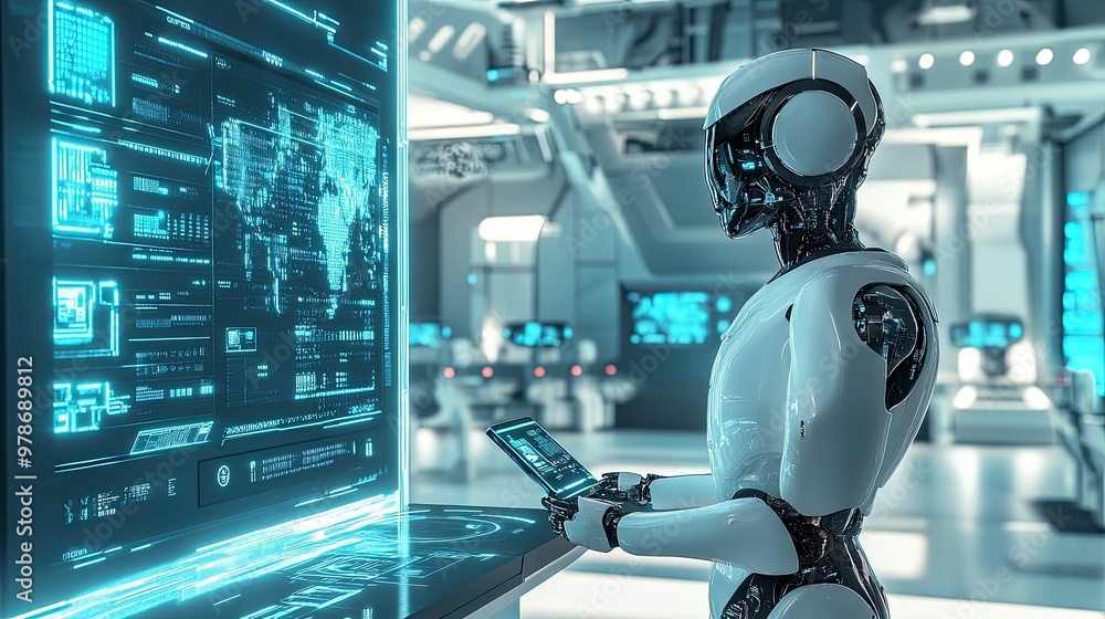 Poster a robot interacting with smart devices in a highly advanced tech hub, filled with glowing screens an