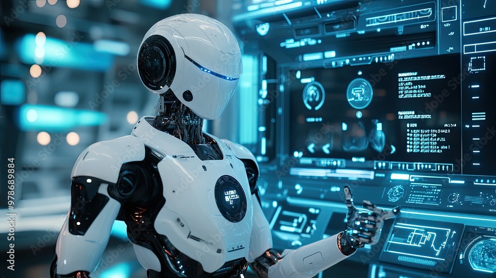 Poster a robot interacting with smart devices in a highly advanced tech hub, filled with glowing screens an