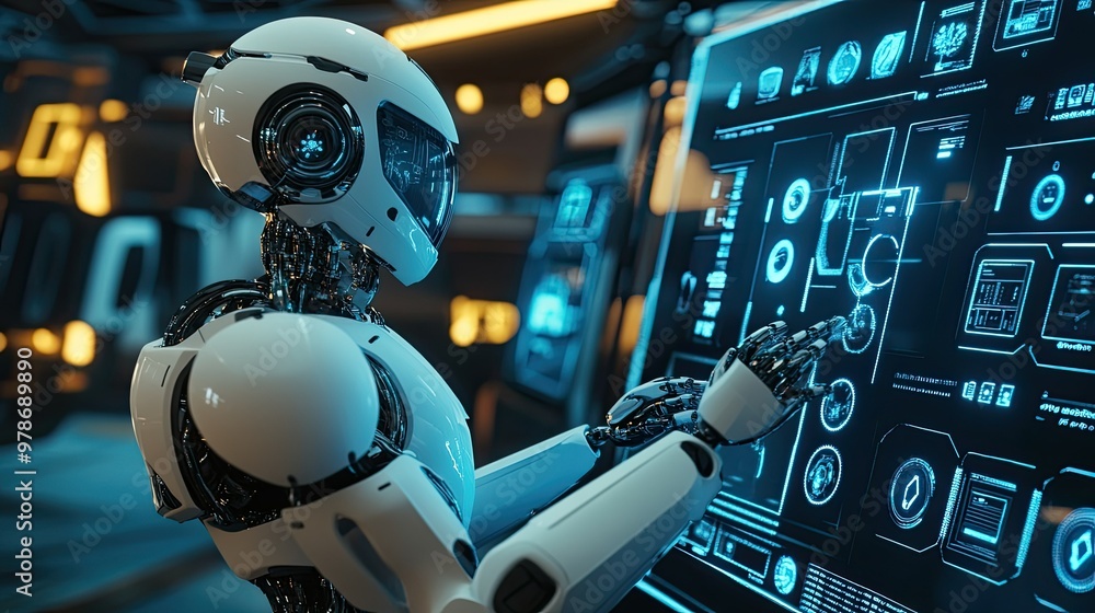 Poster a robot interacting with smart devices in a highly advanced tech hub, filled with glowing screens an