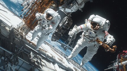 international collaboration, joint spacewalk with astronauts from different nations repairing a satellite, emphasis on teamwork and unity in space exploration