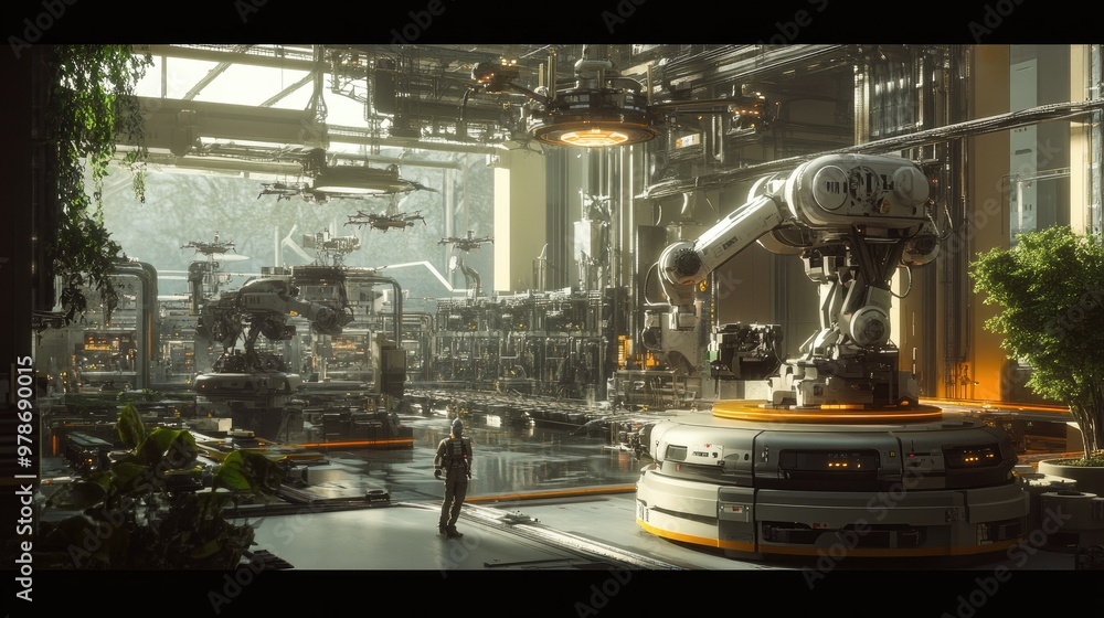 Poster a robot performing tasks in a futuristic factory, with advanced machinery and drones in the backgrou