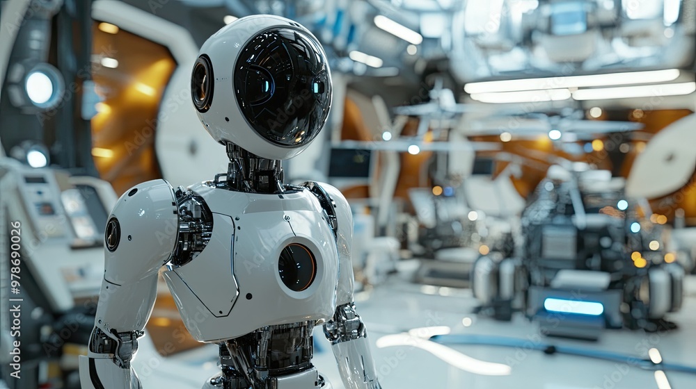 Poster a robot performing tasks in a futuristic factory, with advanced machinery and drones in the backgrou