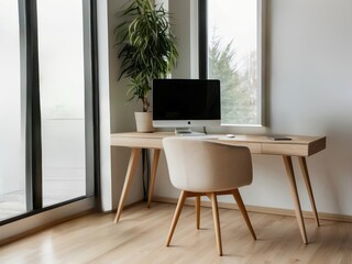 Minimalist Home Office Desk with a Computer and Chair