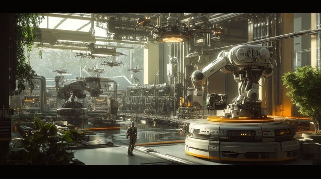 A robot performing tasks in a futuristic factory, with advanced machinery and drones in the background.