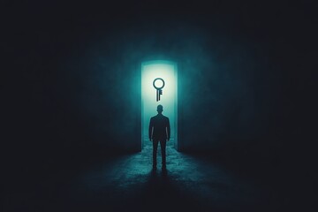 Obraz premium Silhouette in front of glowing doorway with key symbol