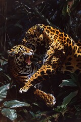 Two jaguars fighting in the jungle. One jaguar is on top of the other, with its teeth bared.