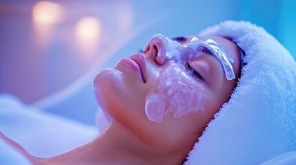 Naklejka premium A serene woman relaxes during a facial treatment in a tranquil spa setting, showcasing beauty and self-care rituals.