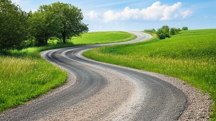 Fototapeta premium A winding gravel road through lush green fields under a blue sky.