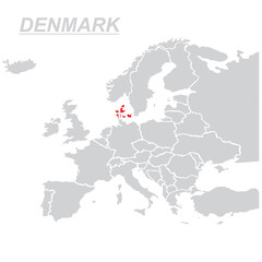 Map of Europe with flag of Denmark. Denmark map