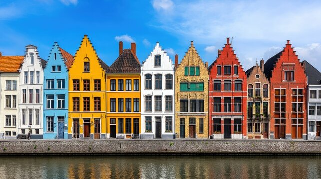A row of colorful houses along the canals in Ghent, Belgium, under a bright summer sky.