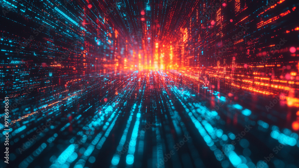 Poster dynamic blue and red light trails creating a futuristic digital landscape in motion