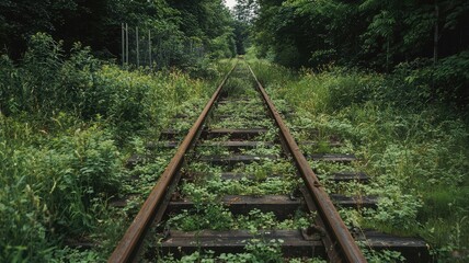 Fototapeta premium Abandoned railway track overgrown with grass and plants, evoking a sense of nature reclaiming human infrastructure.