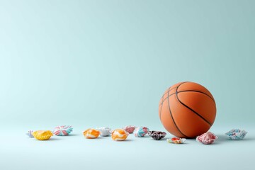 A basketball resting on a plain surface with candy wrappers scattered around it, symbolizing conflicting lifestyles.