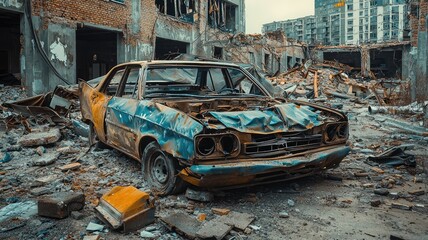 Obraz premium Abandoned vintage car amidst rubble, capturing the essence of decay and urban exploration in a post-apocalyptic setting.