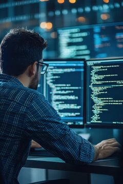 Software developer coding at a computer with multiple monitors