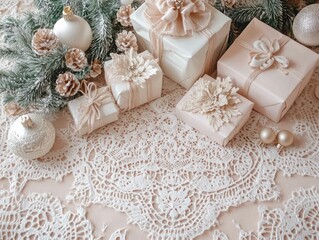 Nostalgic Vintage Christmas Postcard Flat Lay with Delicate Lace Doilies and Handcrafted Gifts on Soft Pastel Background
