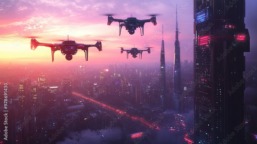 Poster a sci-fi scene of drones and robotic devices patrolling a high-tech cityscape under a neon sky.