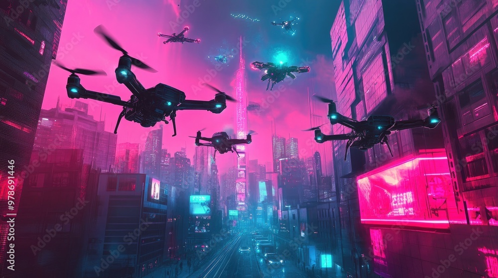 Poster a sci-fi scene of drones and robotic devices patrolling a high-tech cityscape under a neon sky.