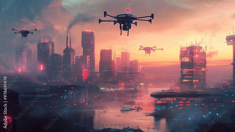 Poster a sci-fi scene of drones and robotic devices patrolling a high-tech cityscape under a neon sky.
