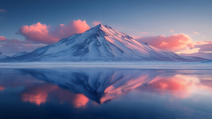 Snowy Mountain Peak Reflected in Still Water at Sunset 