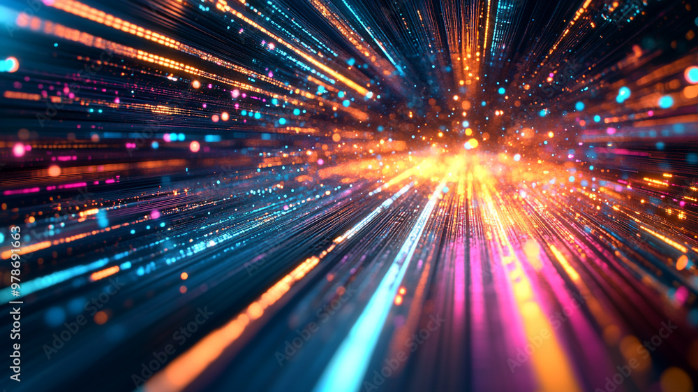 Poster dynamic burst of colorful light streaks illuminating a dark space in an artistic display