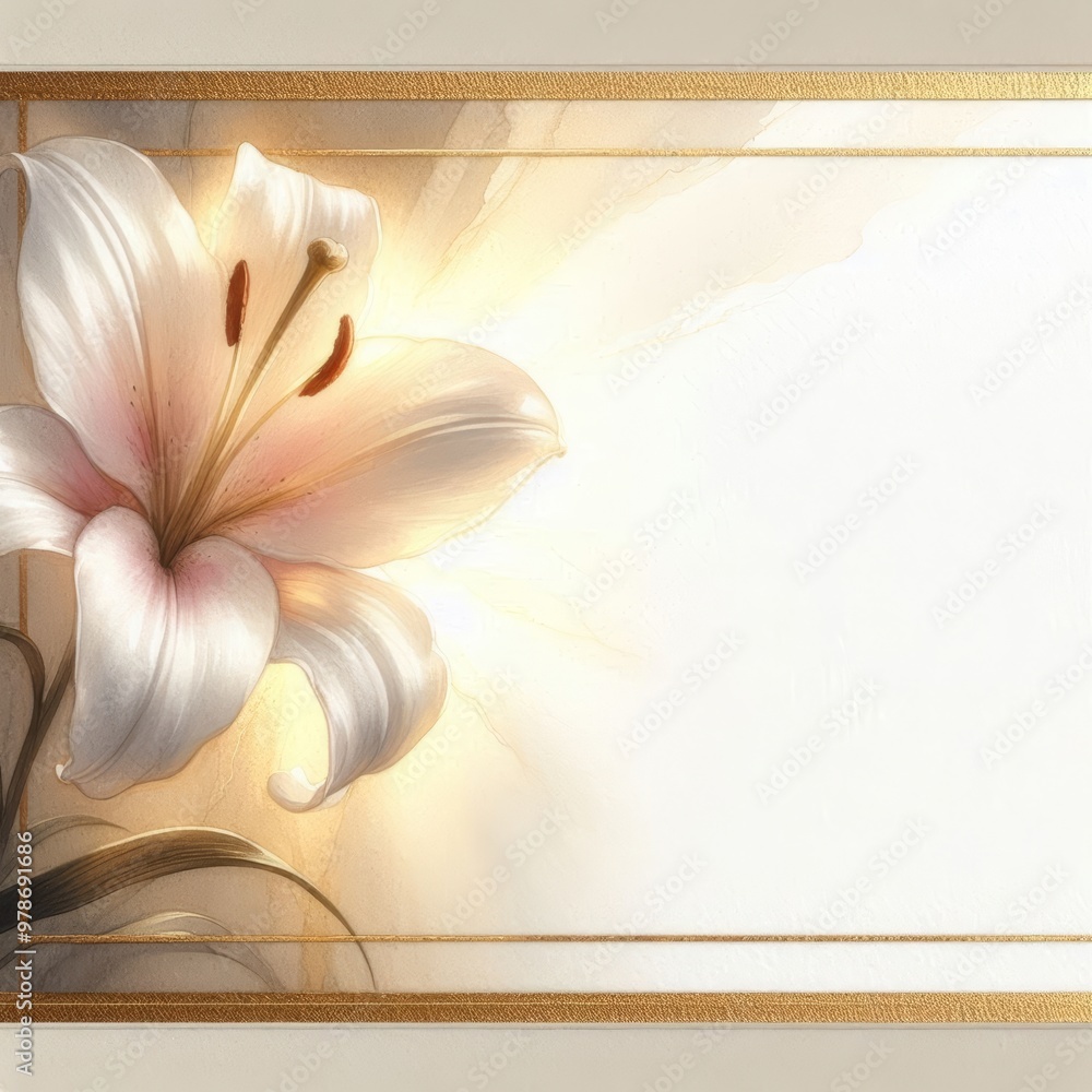 Poster elegant white lily on a soft, glowing background with a blank space for text.