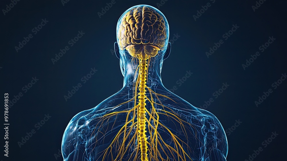 Poster an artistic rendering of the human brain and spinal cord showcasing neural pathways and anatomical s