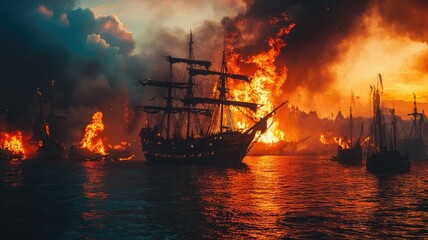 Obraz premium An epic scene of a historic ship engulfed in flames, set against a dramatic sunset over turbulent waters.