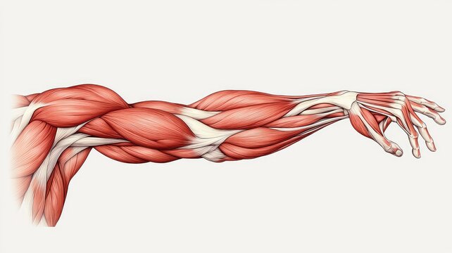Anatomical illustration showcasing the detailed structure of human arm muscles, highlighting form and function.
