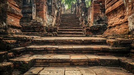 Ancient stone stairs lead through a historic site, surrounded by textured walls and lush greenery, inviting exploration and discovery.