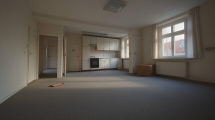 Fototapeta premium Empty studio apartment with moving boxes near a window and natural light.