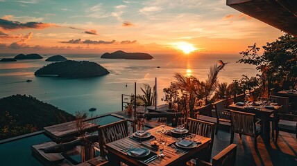 Beautiful sunset view from a restaurant overlooking calm waters and distant islands, perfect for relaxation and dining.