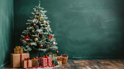 Festive christmas tree adorned with gifts against a green wall in a cheerful room setting